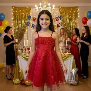 VTG Red Sheer Bow Dress Girl Sz 6 Dance Party Formal Holiday Christmas USA 90s